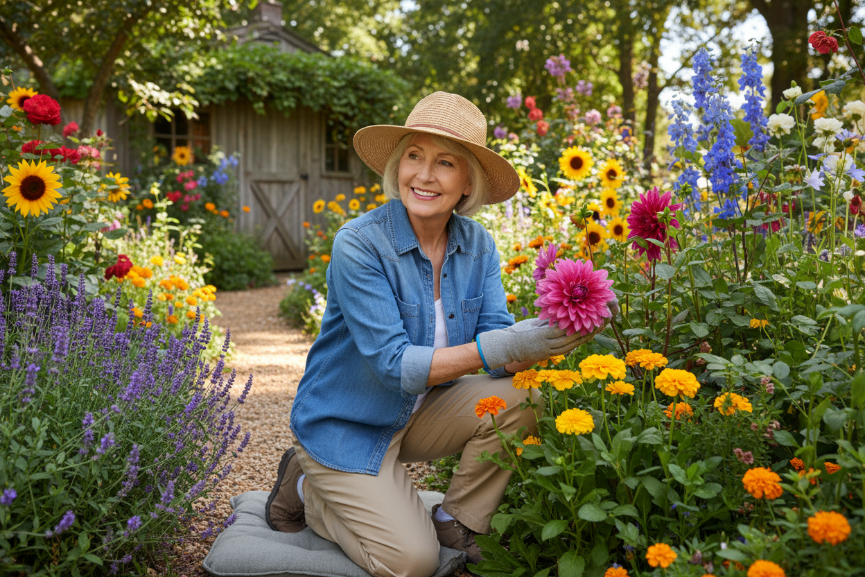 create an image of a senior woman working in her garden. She should be kneeling and her hands should be on her flowers